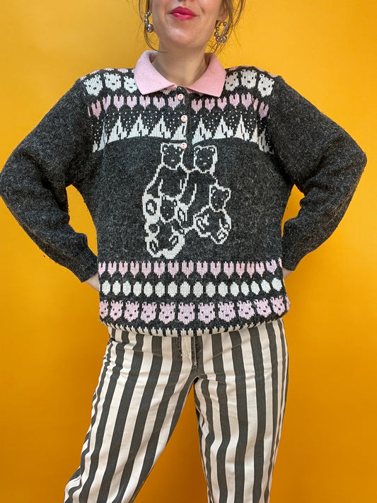 80s/90s Sweater mit kitschigem Bärchen Strickmuster