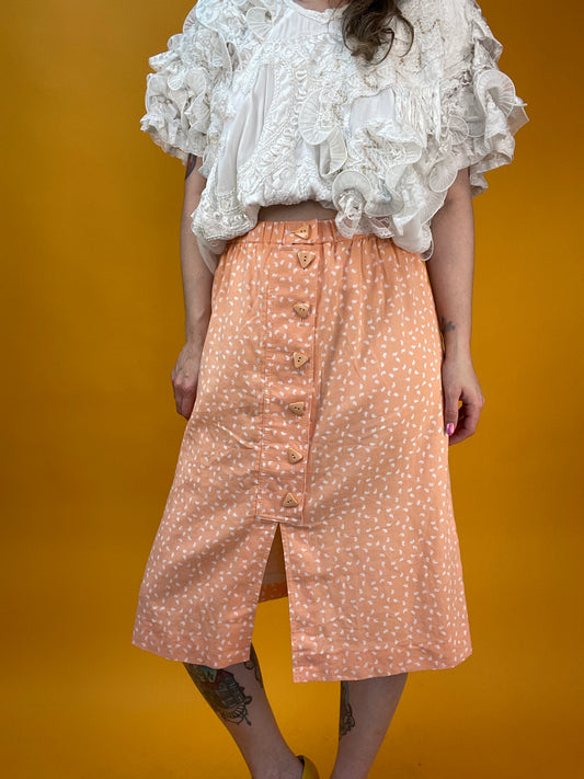 Peachfarbener 80s Sommerrock mit kleinem Paisley Muster