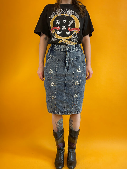 80s Acid Washed Jeansrock mit bunten Steinchen und Applikationen
