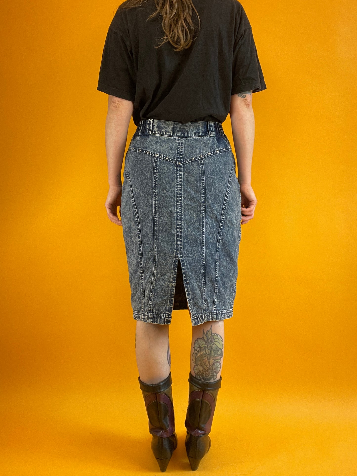 80s Acid Washed Jeansrock mit bunten Steinchen und Applikationen