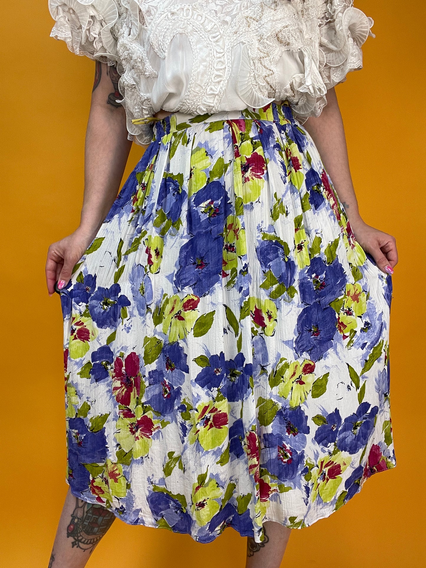 80s/90s Sommerrock mit Neon-Mohnblumenprint