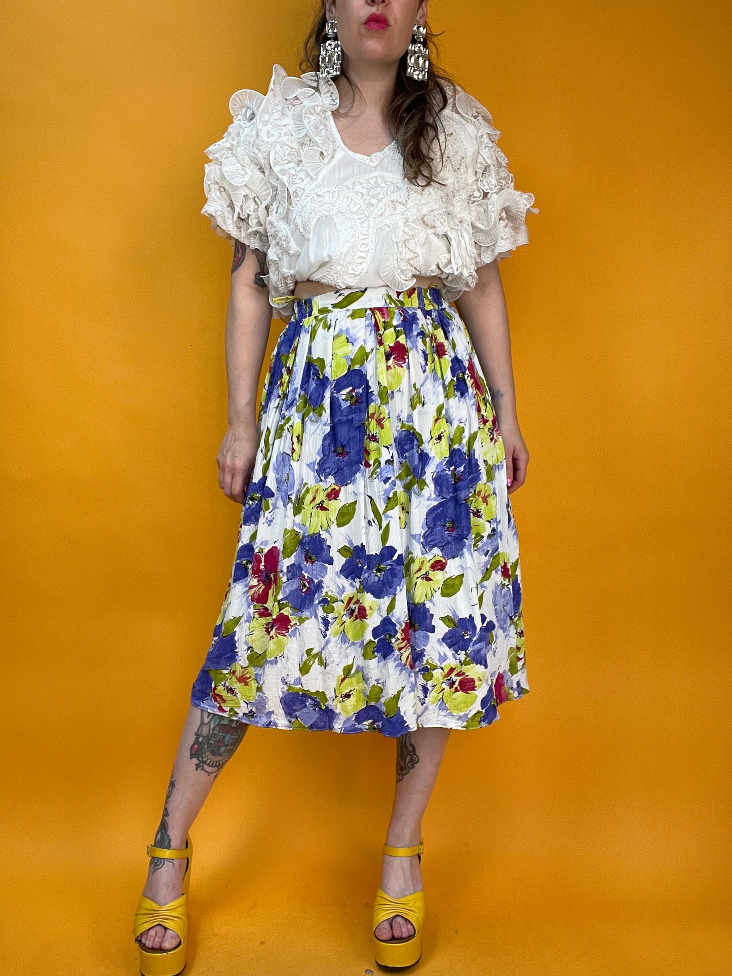 80s/90s Sommerrock mit Neon-Mohnblumenprint