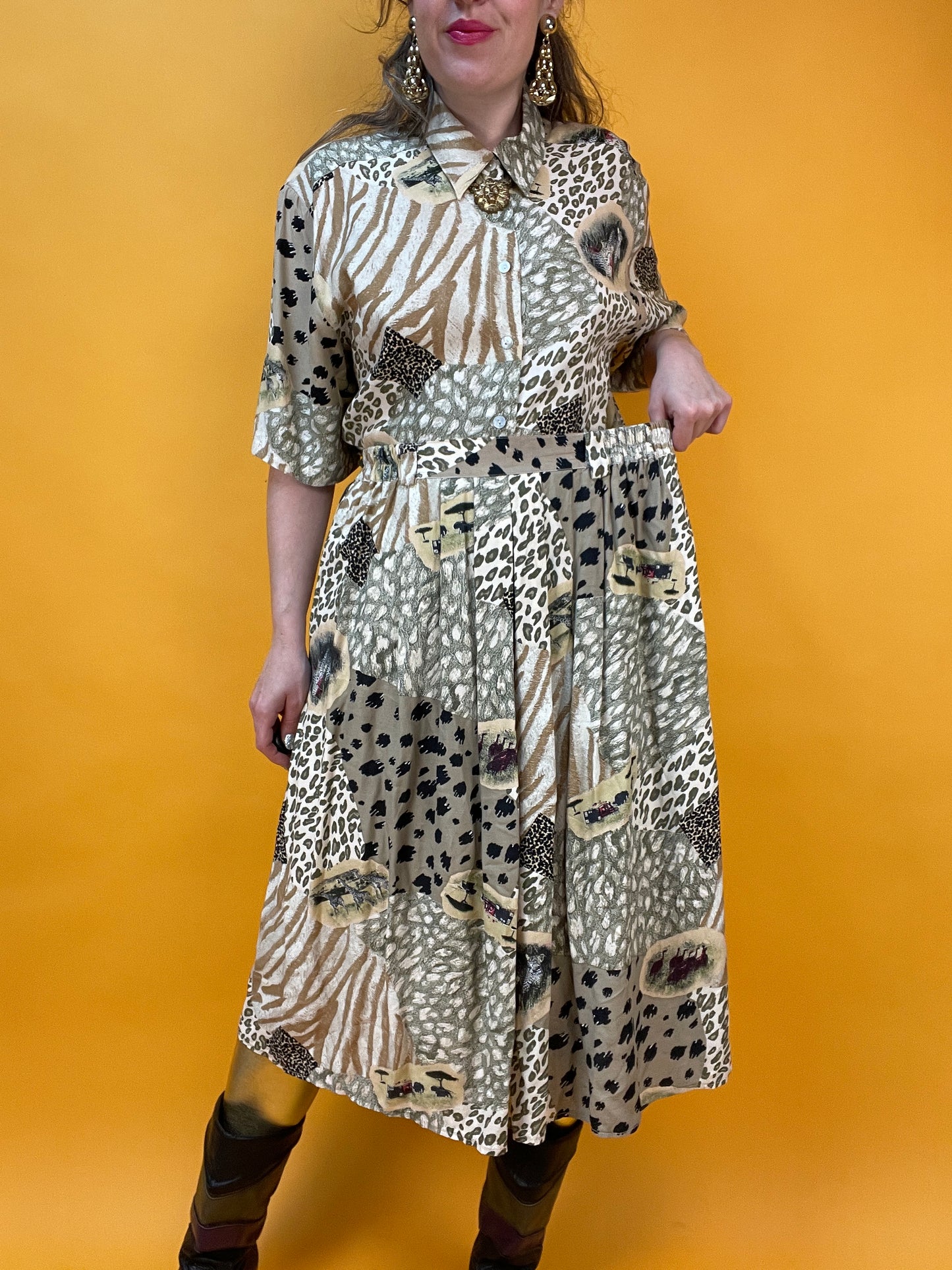 Vintage Set aus Rock und Blusenshirt im Animalprint-Patchworklook