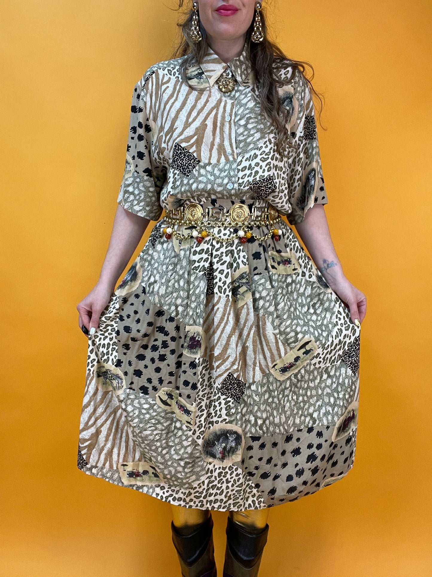 Vintage Set aus Rock und Blusenshirt im Animalprint-Patchworklook