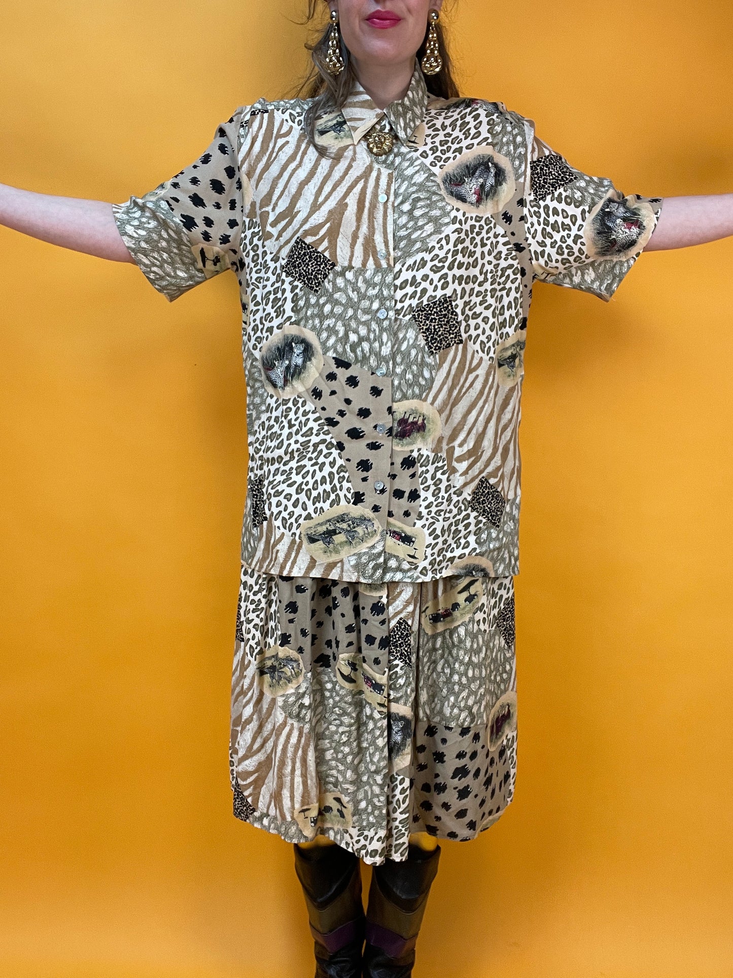 Vintage Set aus Rock und Blusenshirt im Animalprint-Patchworklook