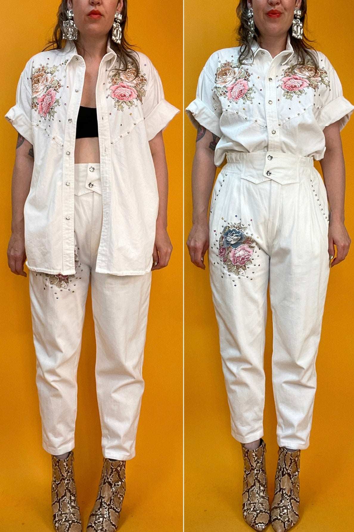 80s Set aus weißem Denim mit bunten Glitzersteinen und Rosenapplikationen