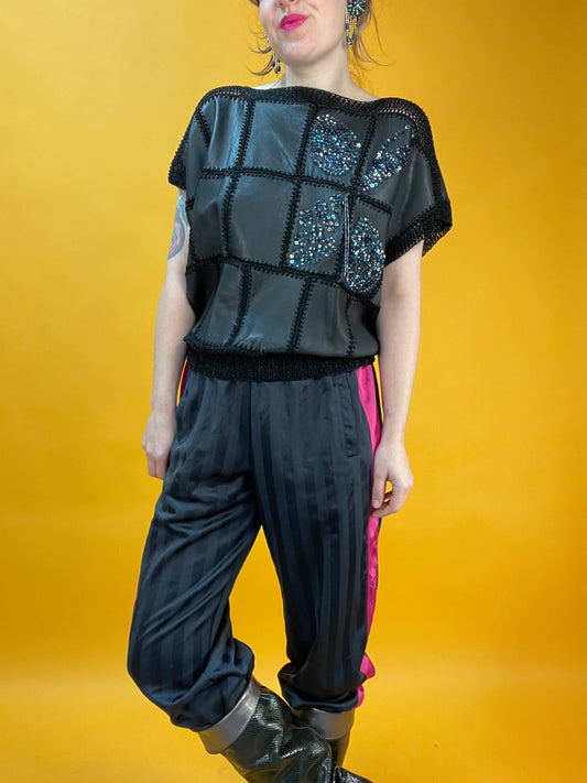 80s Patchwork Ledershirt mit Perlen- und Paillettenapplikationen