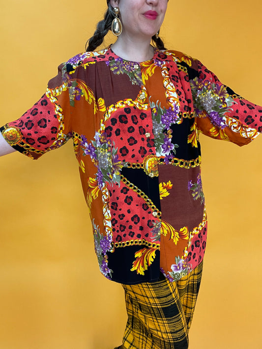 Opulent bedrucktes 80s/90s Animalprint-Barockshirt in peachy Farbkombi