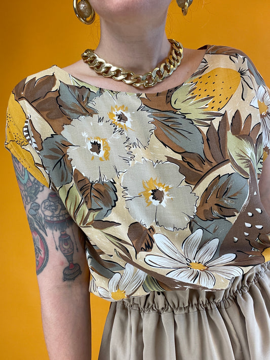 Sandfarbenes 80s/90s Sommershirt mit Blumenprint