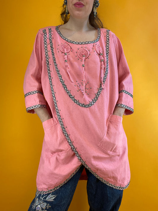 Verrücktes Tunikashirt-Minikleid aus rosa Denim