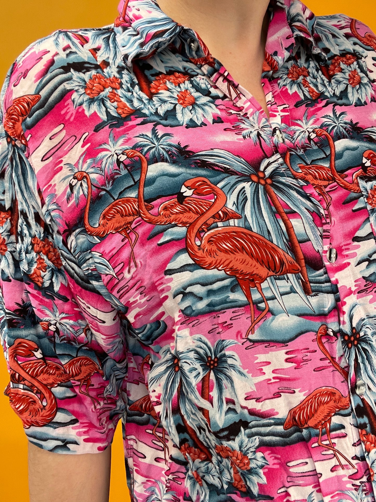 Pink Flamingo Havaiishirt aus weichster dünner Fluff-Viskose