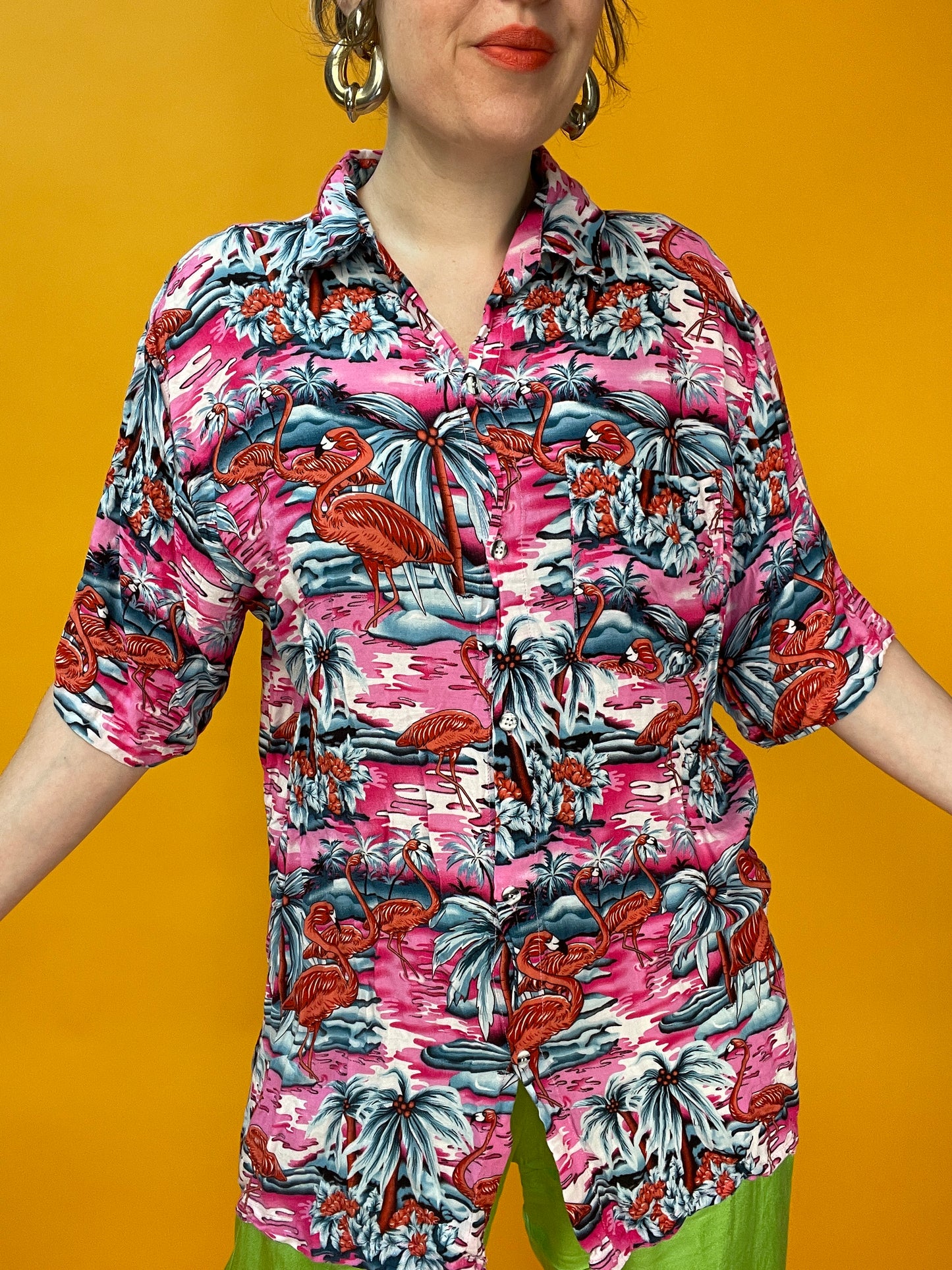 Pink Flamingo Havaiishirt aus weichster dünner Fluff-Viskose