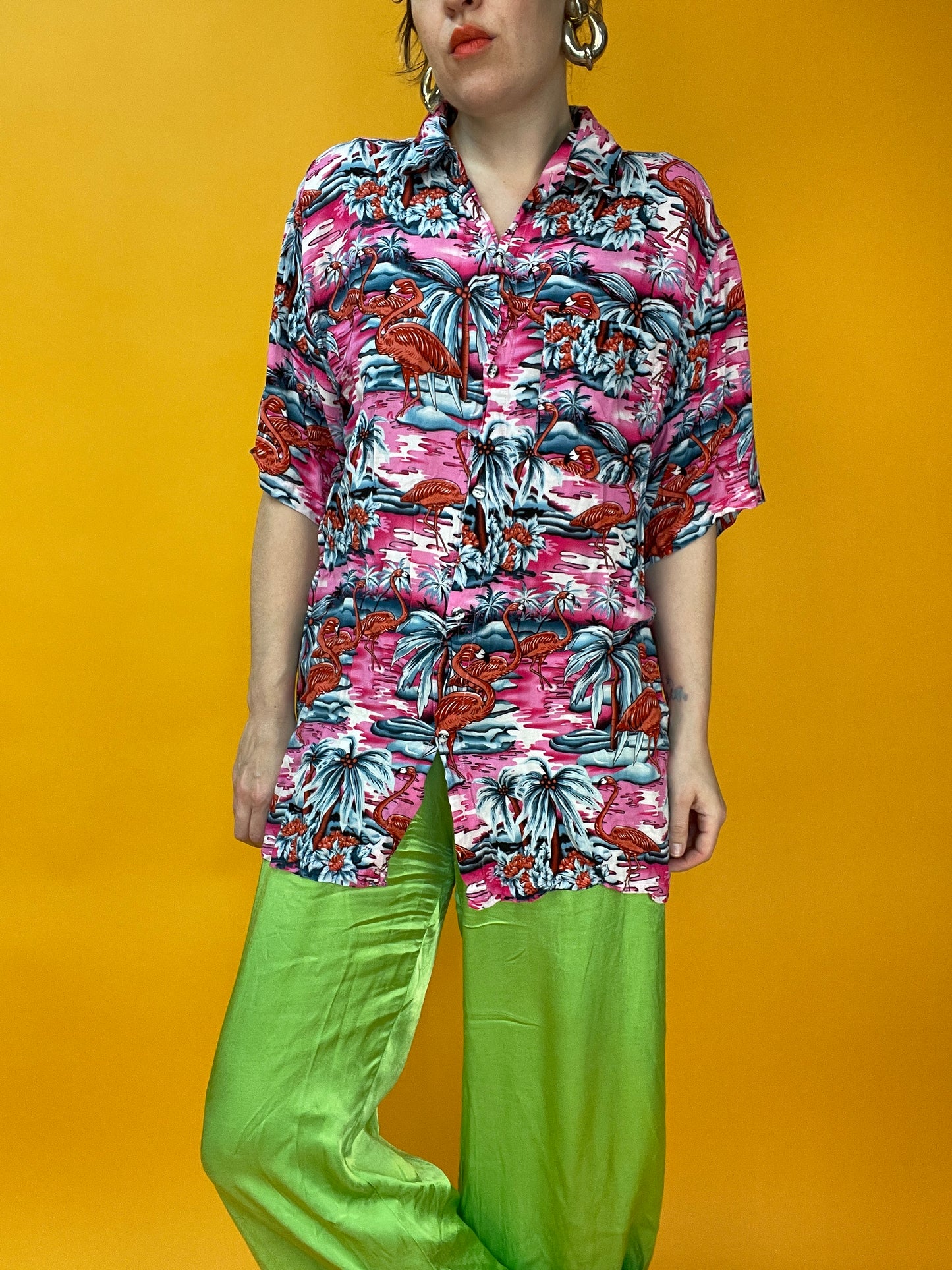 Pink Flamingo Havaiishirt aus weichster dünner Fluff-Viskose