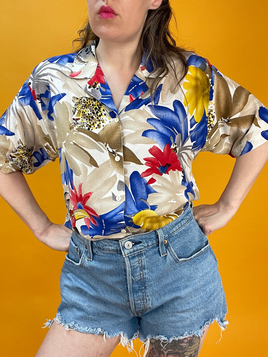 80s/90s Blusenshirt mit Leopardenkopfprint