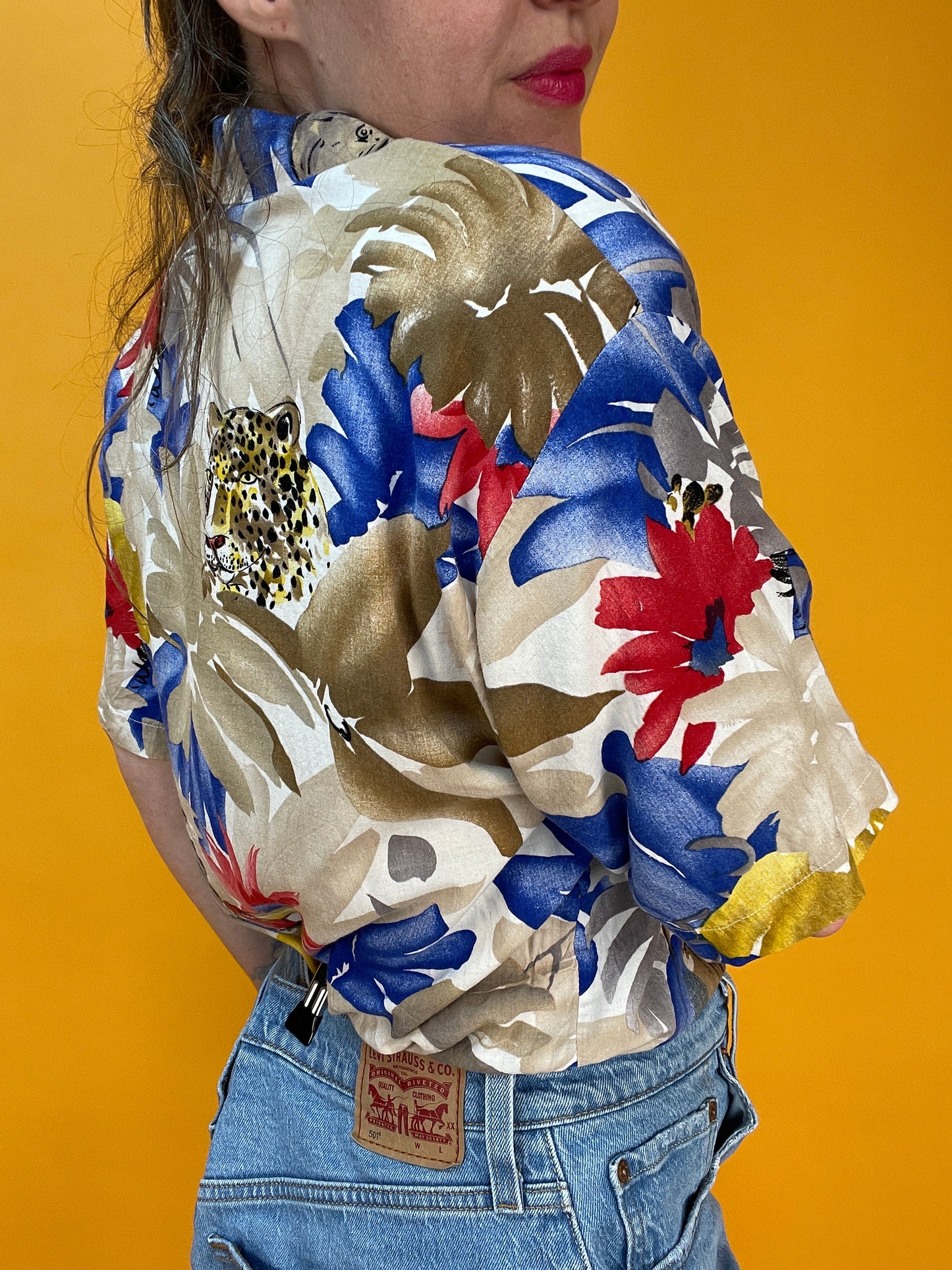80s/90s Blusenshirt mit Leopardenkopfprint