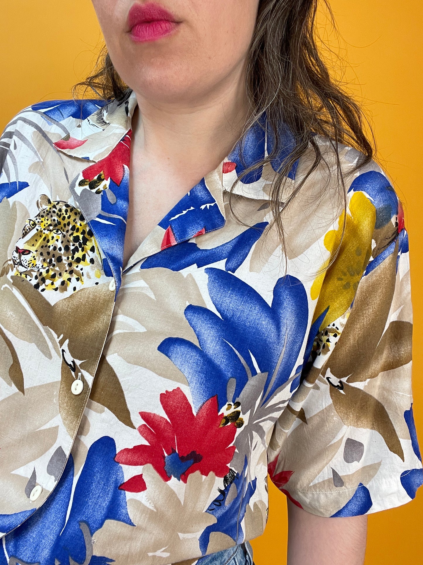 80s/90s Blusenshirt mit Leopardenkopfprint