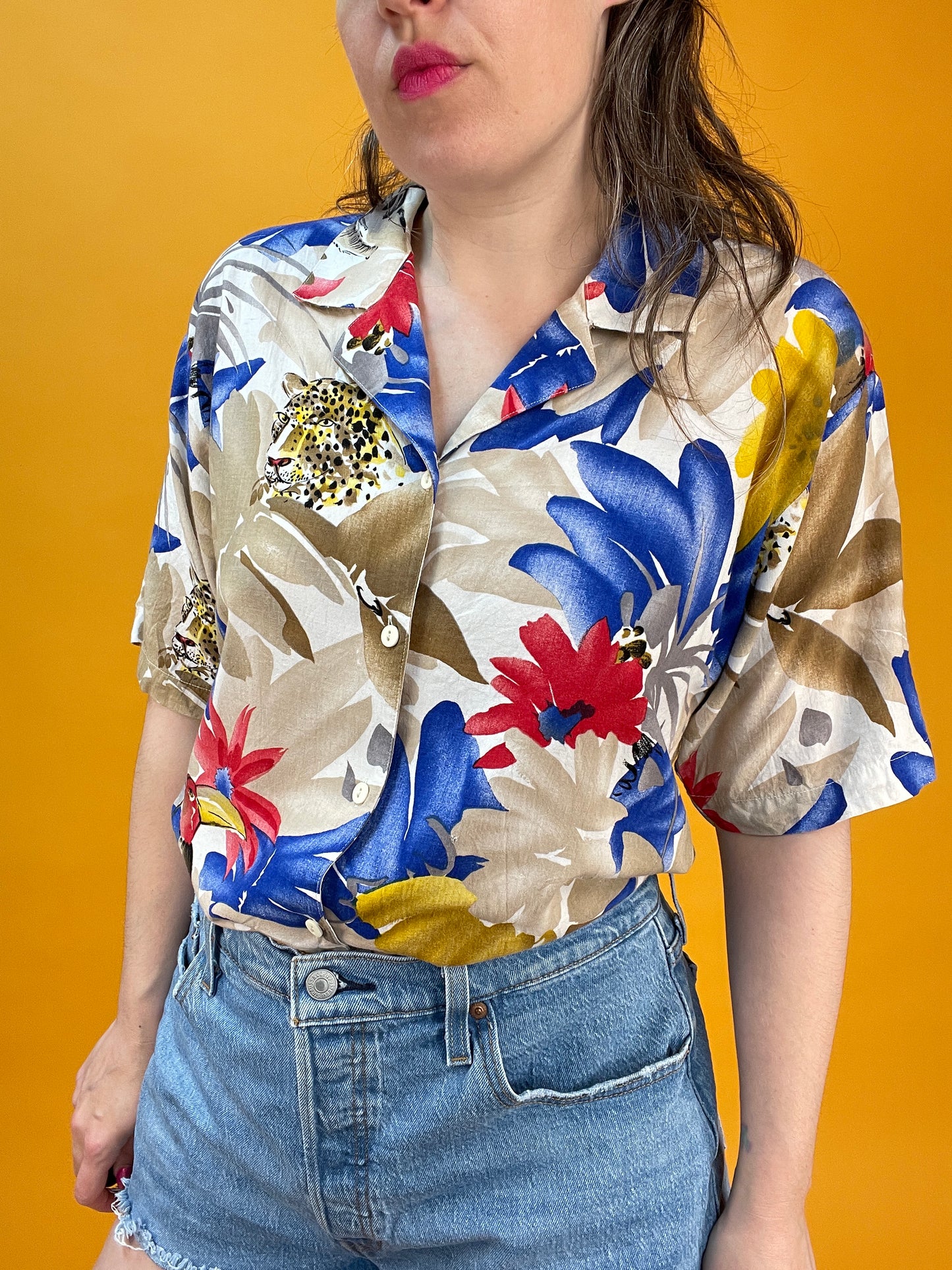 80s/90s Blusenshirt mit Leopardenkopfprint