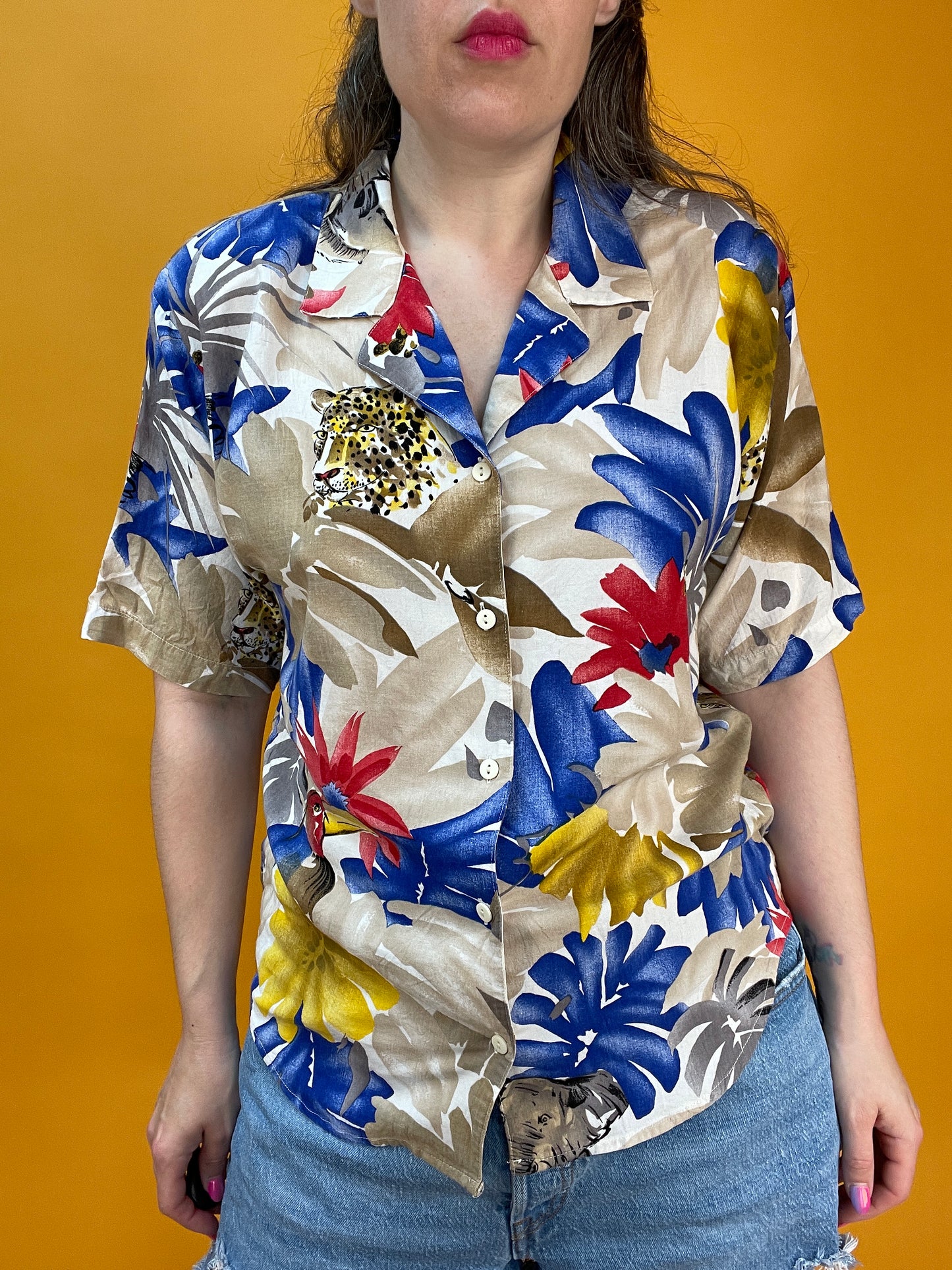 80s/90s Blusenshirt mit Leopardenkopfprint