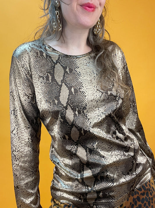 90s Samtshirt mit glänzendem Schlangenhautprint