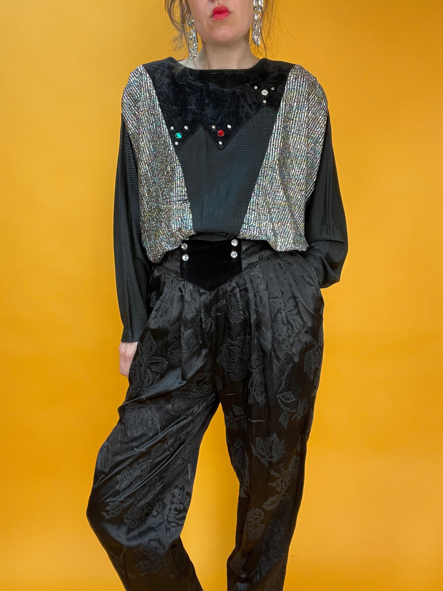 80s Sweater aus Samt und Lurex mit Fledermausärmeln
