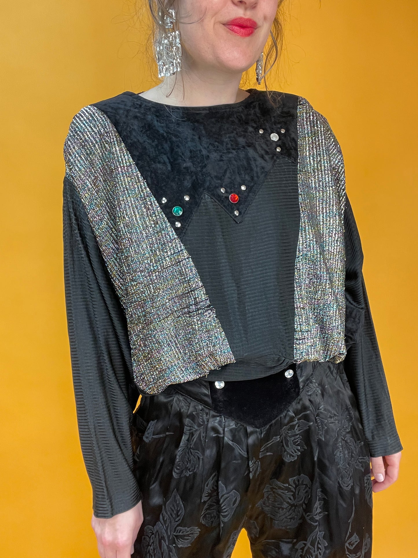 80s Sweater aus Samt und Lurex mit Fledermausärmeln