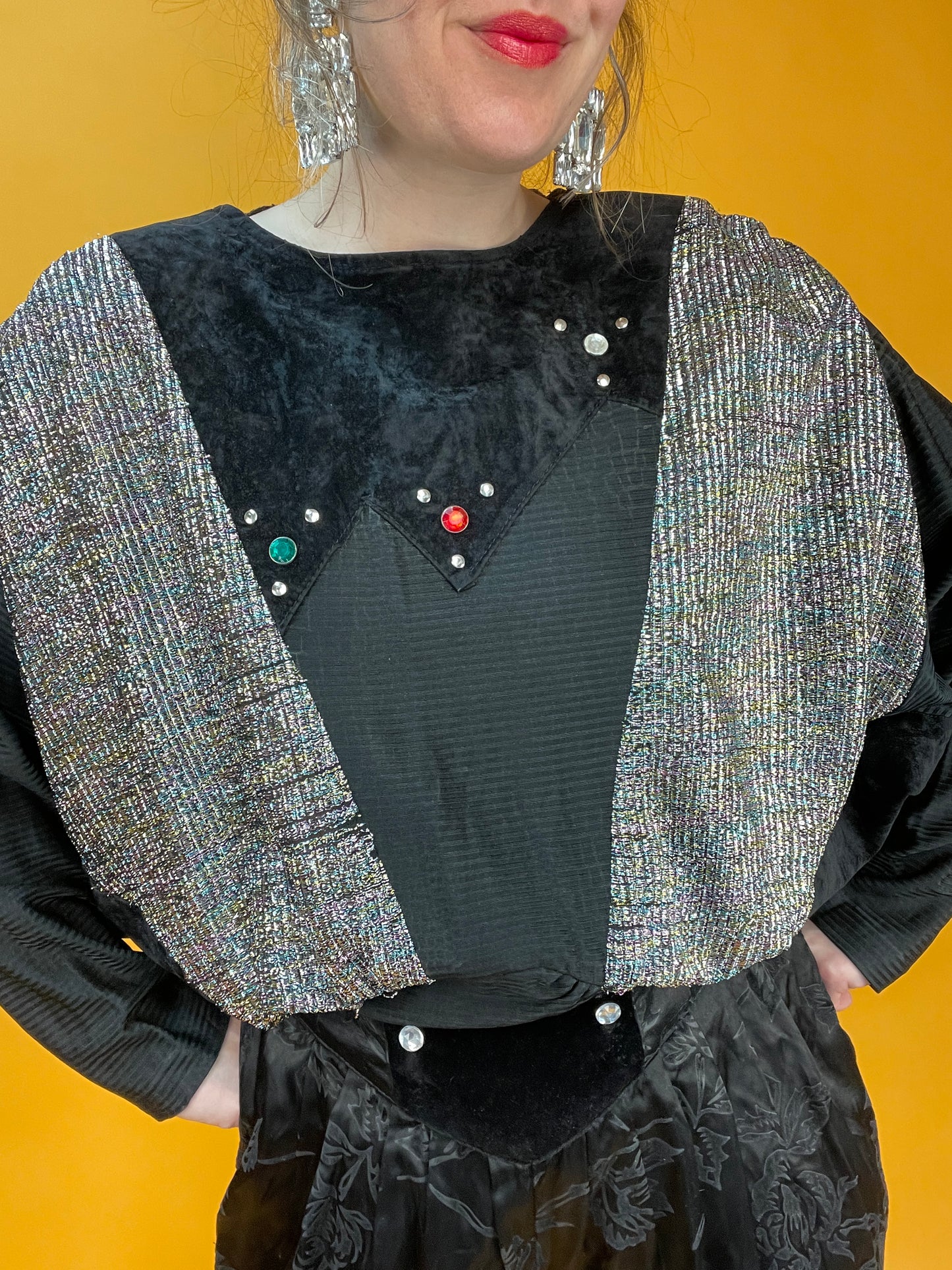 80s Sweater aus Samt und Lurex mit Fledermausärmeln
