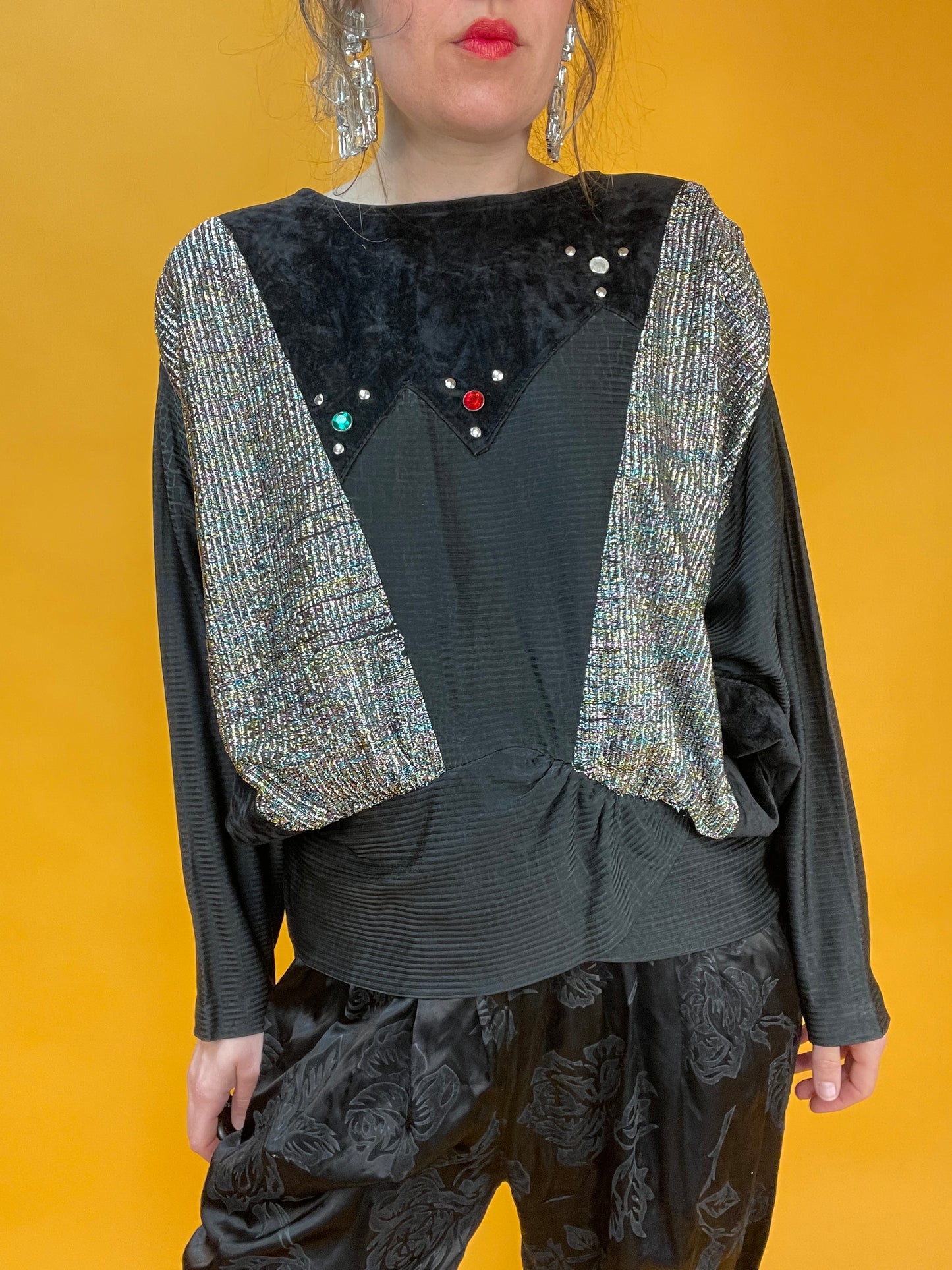 80s Sweater aus Samt und Lurex mit Fledermausärmeln