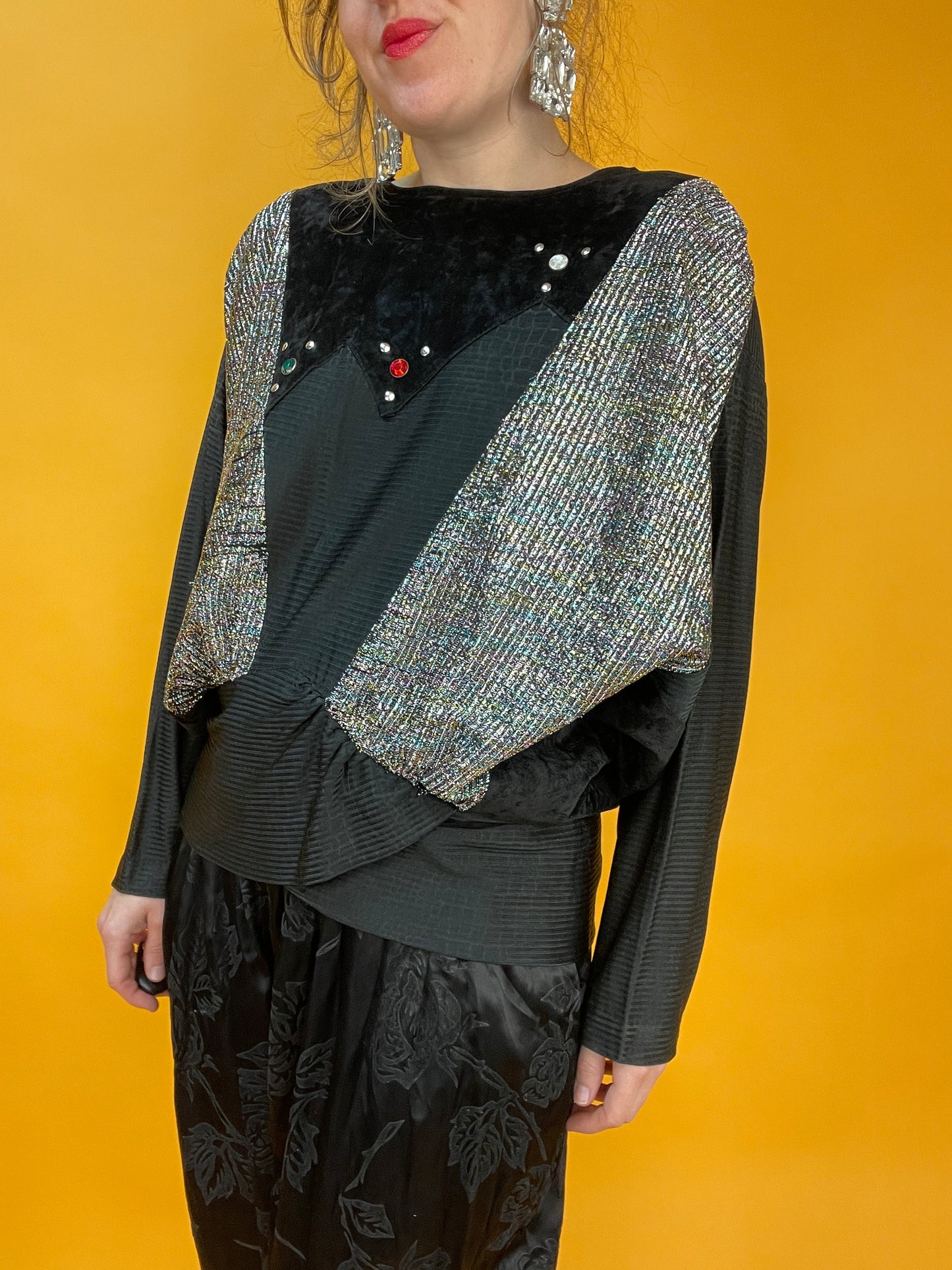 80s Sweater aus Samt und Lurex mit Fledermausärmeln