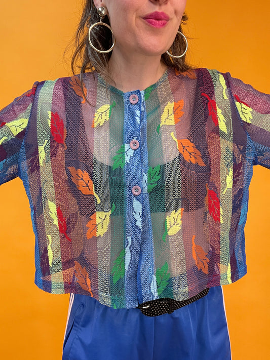 Funky Netzshirt mit Regenbogen Blättermuster