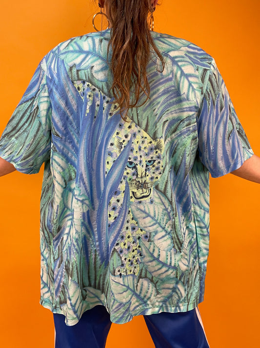 Lässiges Open Front Überwurfshirt mit glitzerndem Riesenleoparden