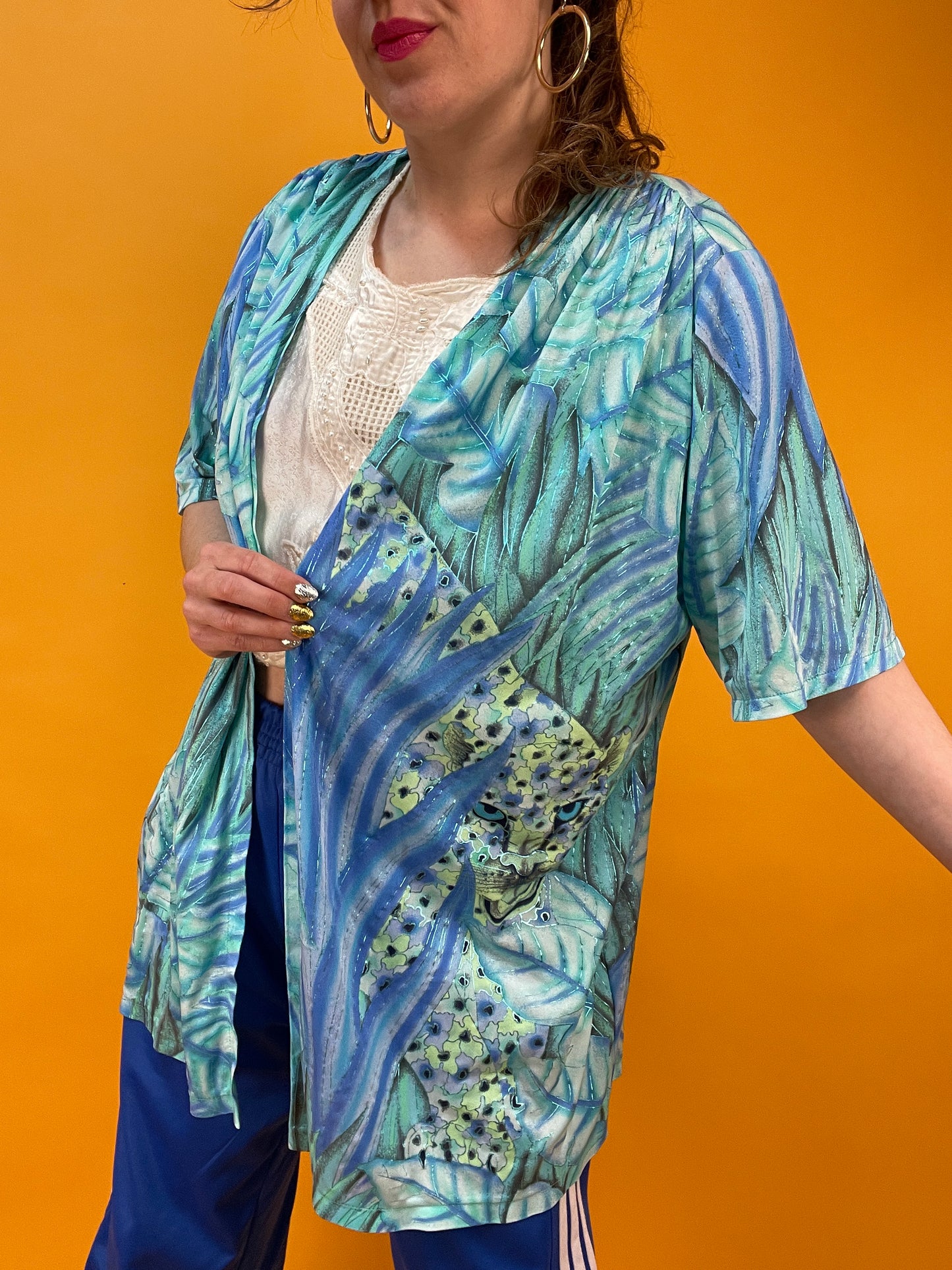Lässiges Open Front Überwurfshirt mit glitzerndem Riesenleoparden