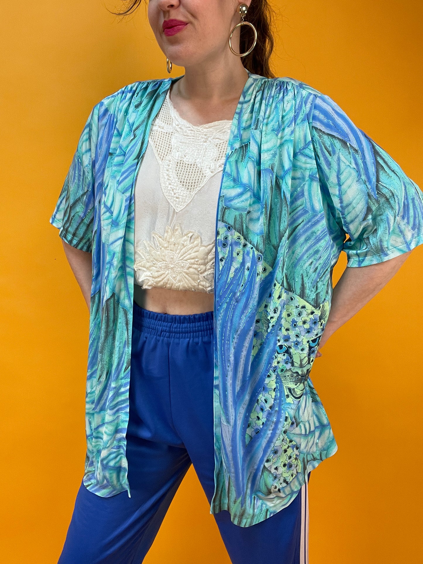 Lässiges Open Front Überwurfshirt mit glitzerndem Riesenleoparden