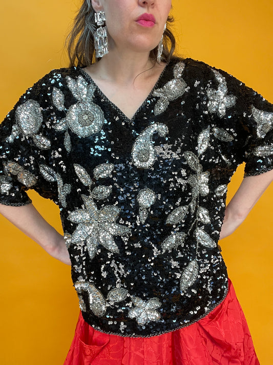 Opulent besetztes 80s Paillettenshirt