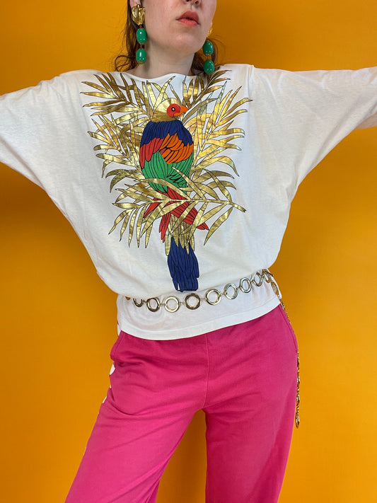 Dünnes Fledermausärmelshirt mit Metallic Papageienprint