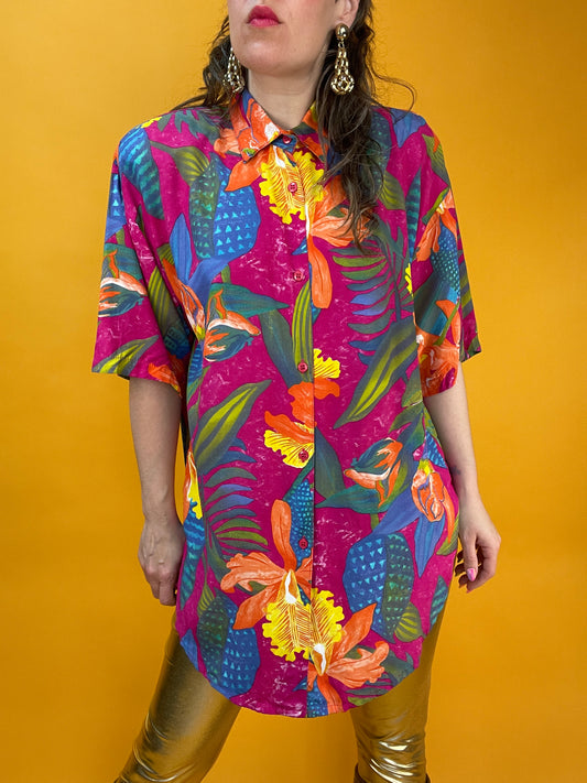 Knalliges 80s/90s Sommershirt mit exotischem Blumenprint