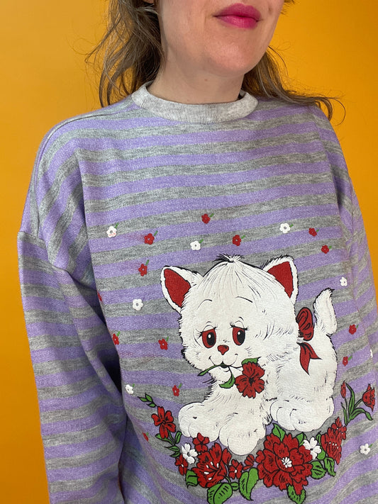 Gestreifter 90s Sweater mit liebreizendem Kätzchen
