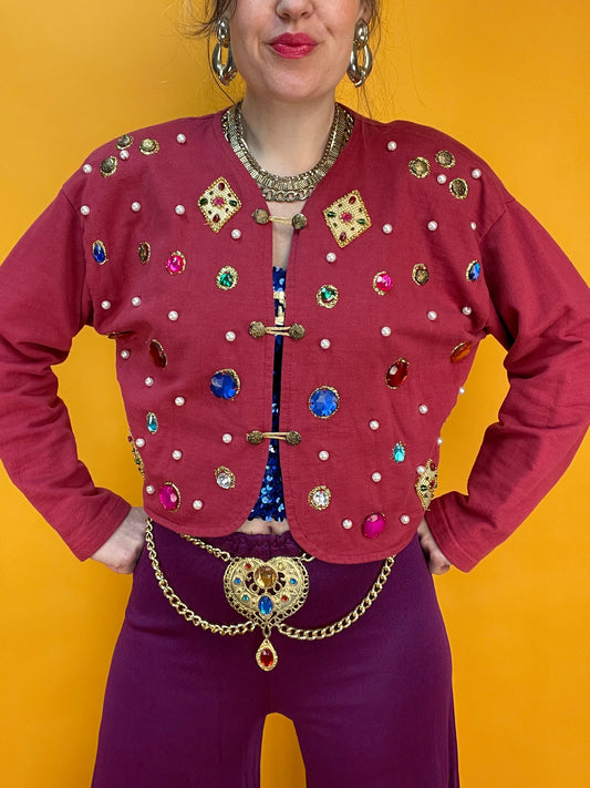 Sweatercardigan mit opulentem Besatz aus fetten Glitzersteinen und Perlen