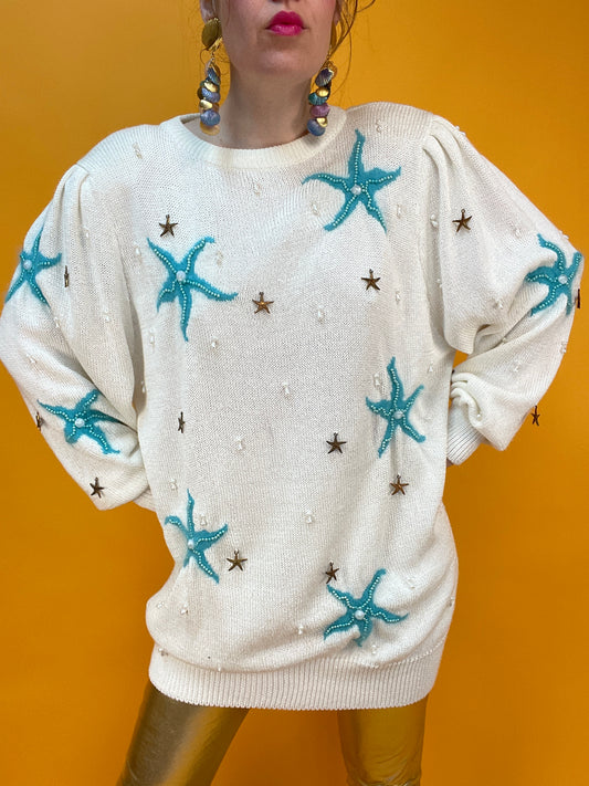 Maritimer 80s Stricksweater mit Seesternen und Perlenbesatz
