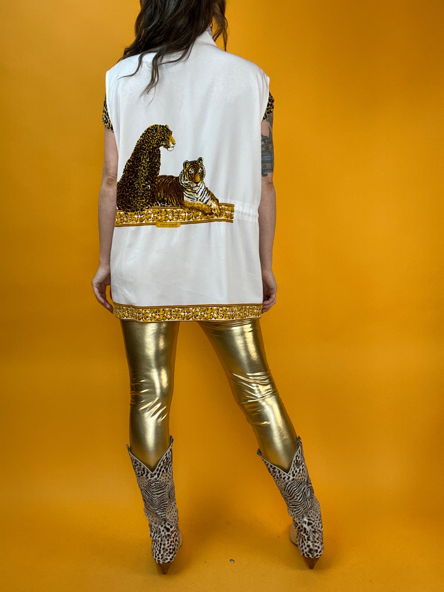 80s/90s Weste mit Tigern, Leoparden und Brokatschnörkeln