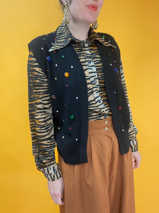 Funky Open Front Strickweste mit bunten Glitzersteinchen