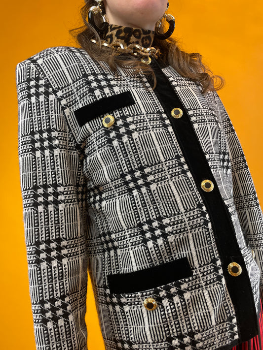 Feine gestrickte 80s/90s Blazerjacke mit Samtdetails