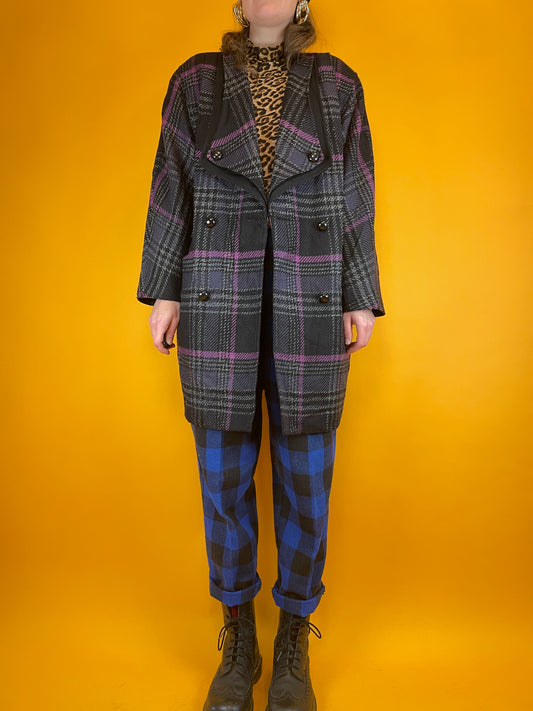 Breitkariertes 80s Longjacket aus grobgewebter Wolle