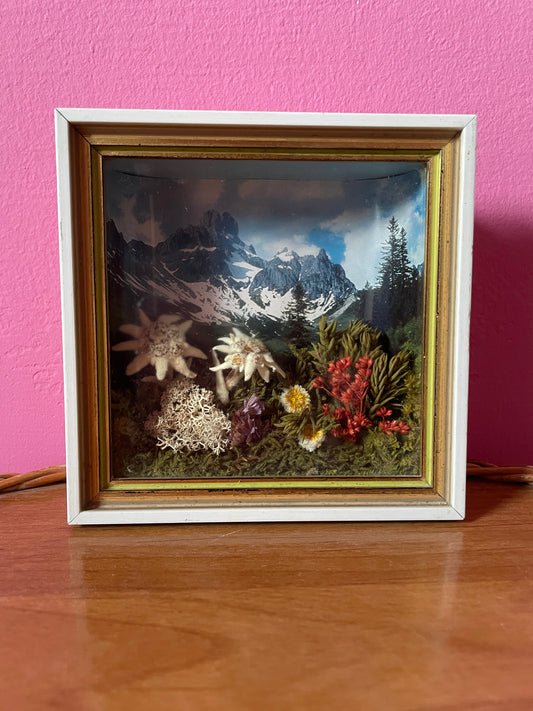 Kleines Guckkasten-Wandbild mit Alpenszenario aus echten Blumen