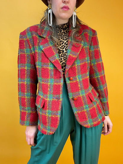 Rotkarierter 80s/90s Blazer aus Bouclé