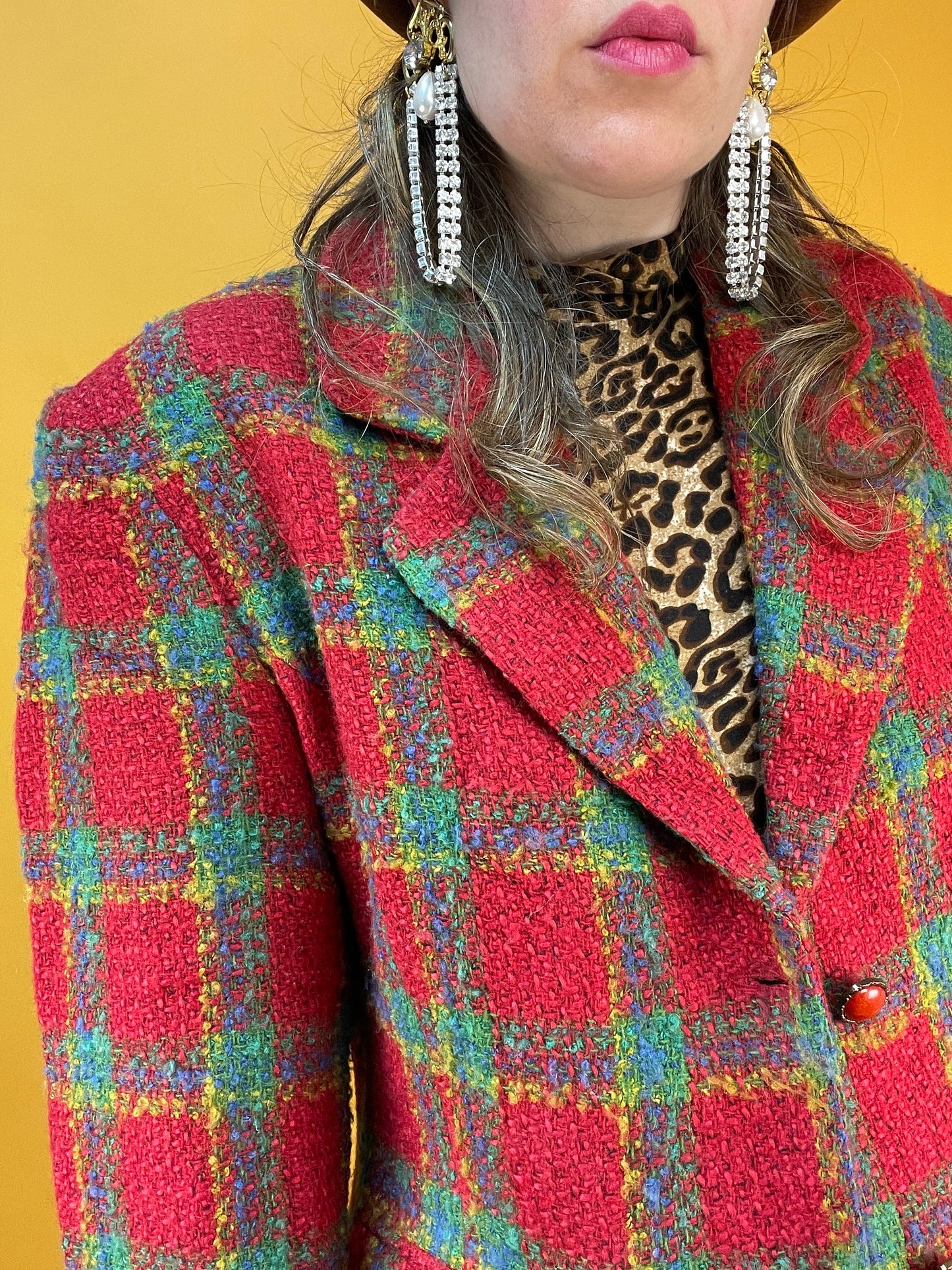 Rotkarierter 80s/90s Blazer aus Bouclé