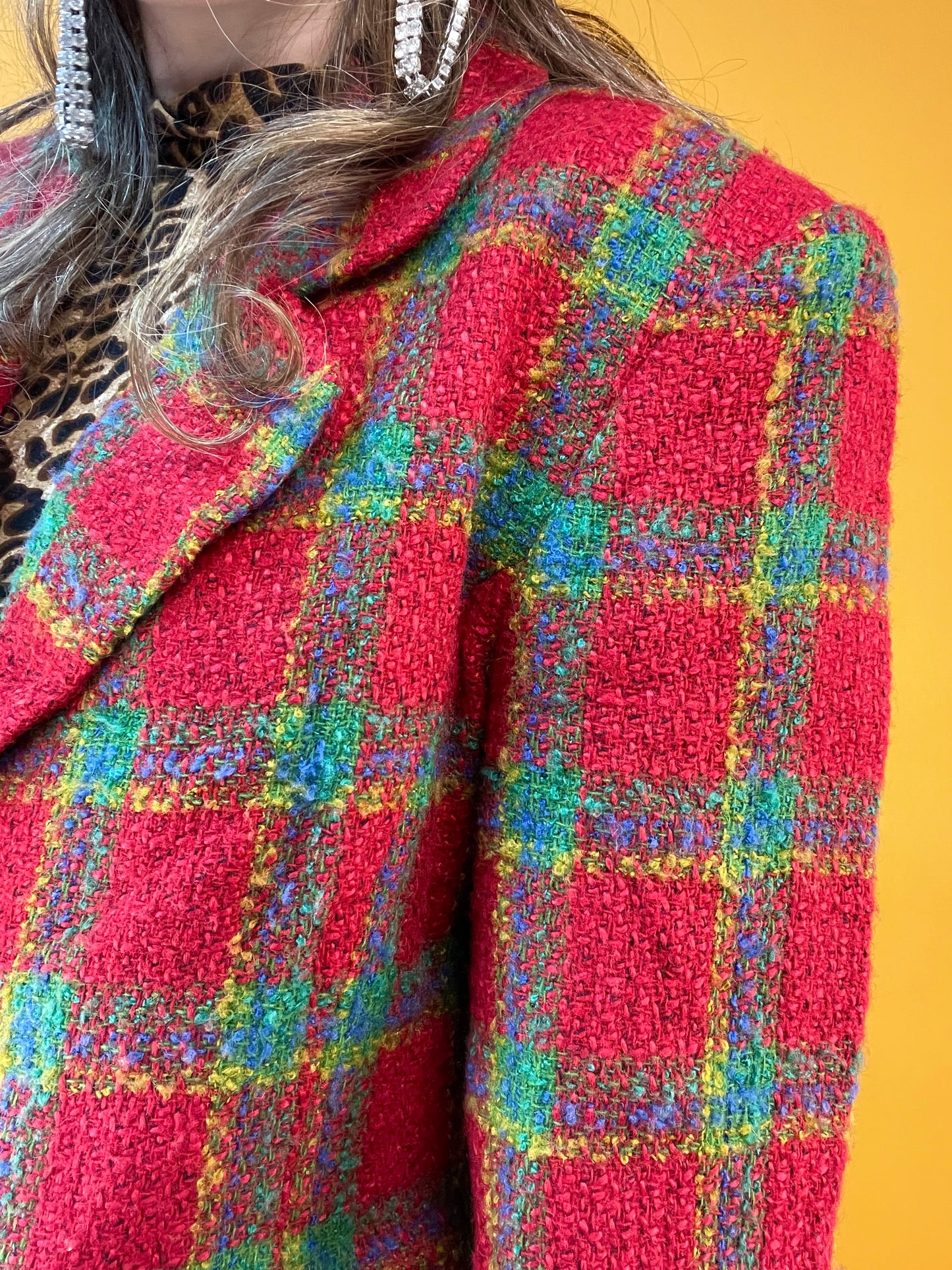 Rotkarierter 80s/90s Blazer aus Bouclé