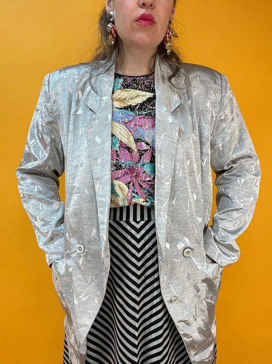 Silbern-schimmernder 80s Blazer mit glänzendem Webmuster