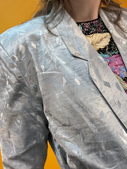Silbern-schimmernder 80s Blazer mit glänzendem Webmuster