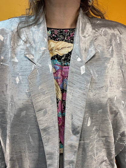 Silbern-schimmernder 80s Blazer mit glänzendem Webmuster