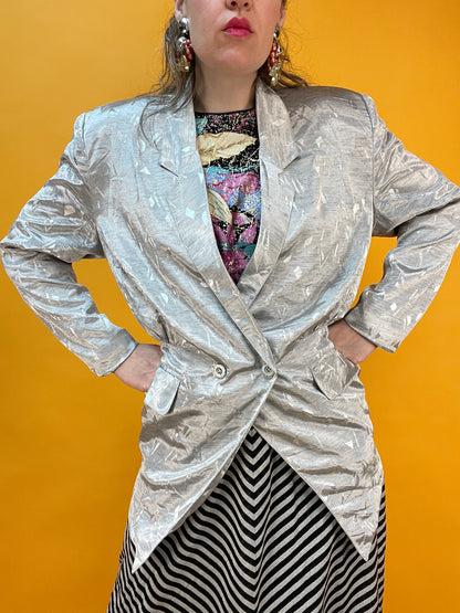 Silbern-schimmernder 80s Blazer mit glänzendem Webmuster